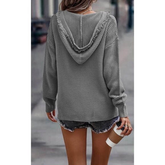 CCC Long Sleeve Hoodie Ribbed Cozy Gray Knit Pullover Sweater Fringed V Neck LG - Picture 4 of 10